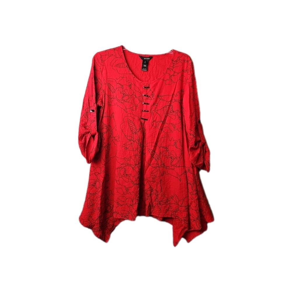 Ali Miles Red Floral Asymmetrical‎ Tunic Top 3/4 Sleeve size Medium